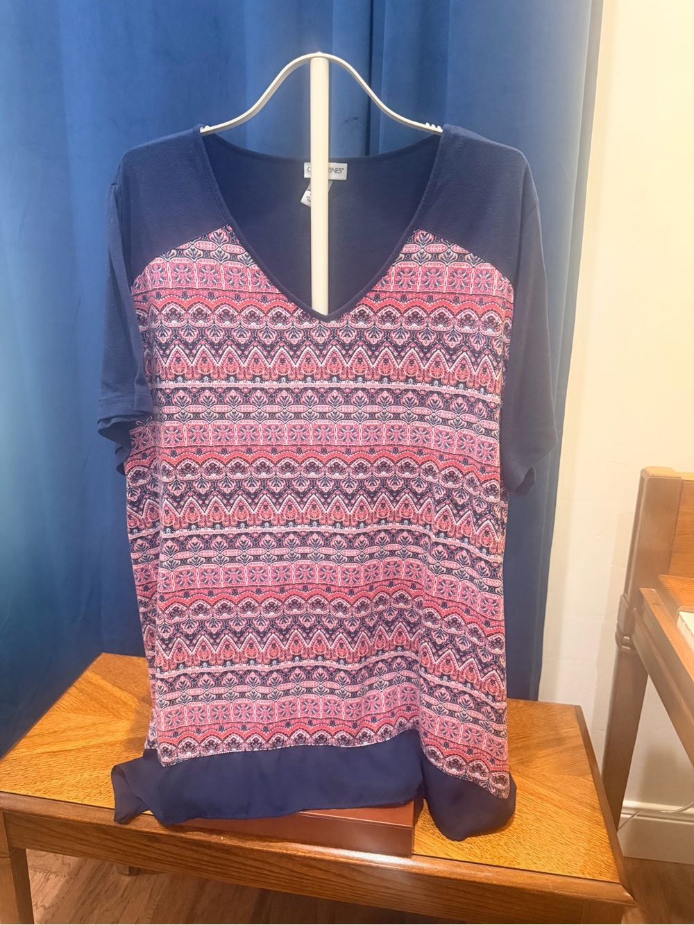 Catherines Navy V-Neck Short Sleeve Top with Pink Patterned Front